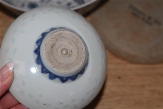 Two Persian Chinese enamel bowls and saucer, a blue and white vase, another plate and a dish